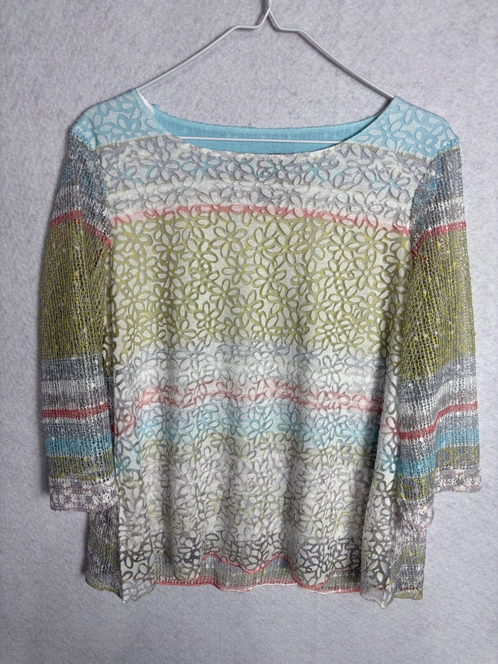 Ali Miles PM Lightweight Floral Lace Knit Top in Pastel Stripe Colors